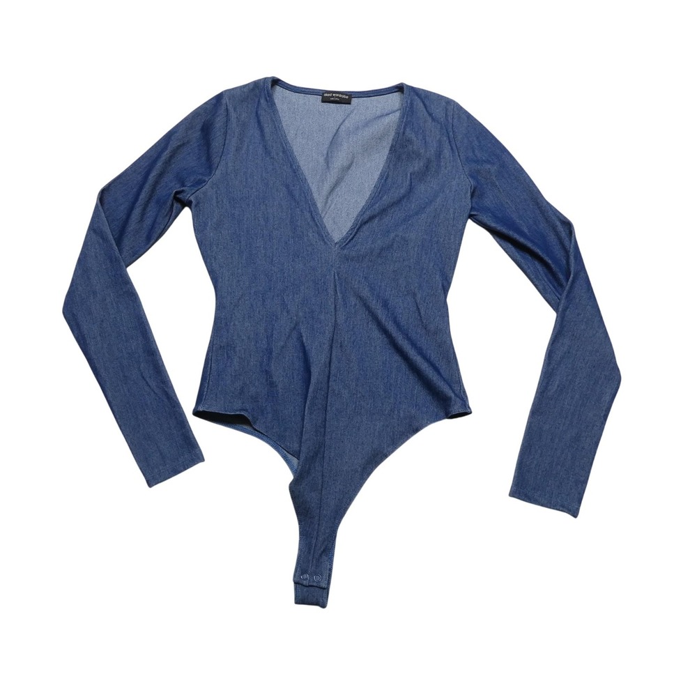 Naked Wardrobe Bodysuit Womens Large Blue Denim Long Sleeve Deep V Stretch